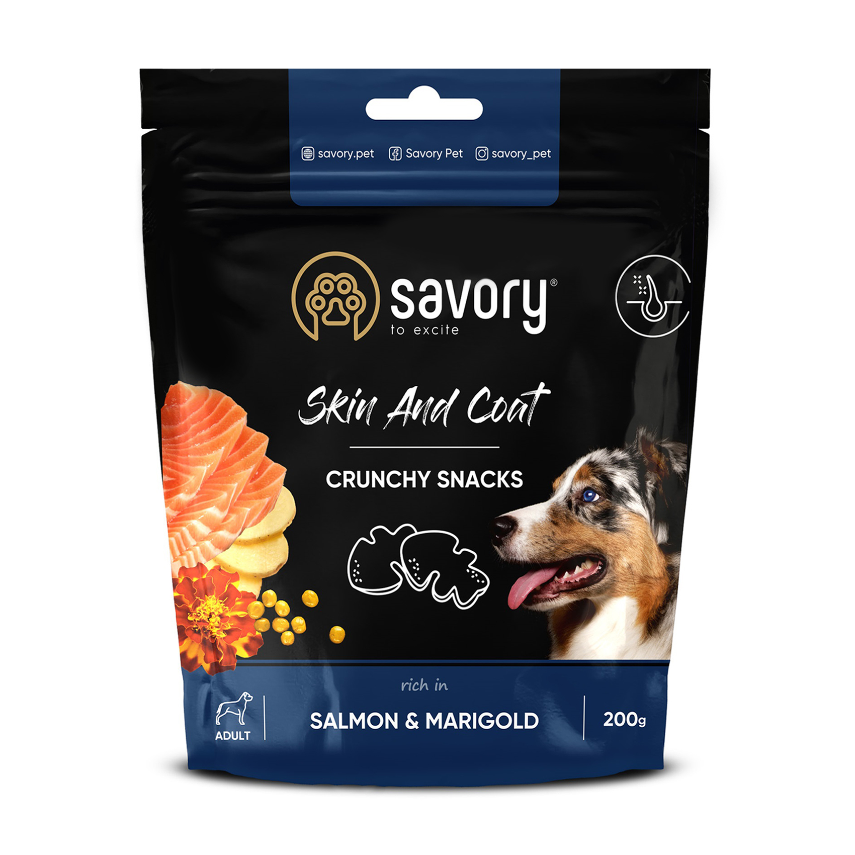 Хрусткі ласощі для дорослих собак Savory Skin And Coat Crunchy Snacks Salmon &amp; Marigold Здорова шкіра та шерсть, з лососем та чорнобривцями, 200 г